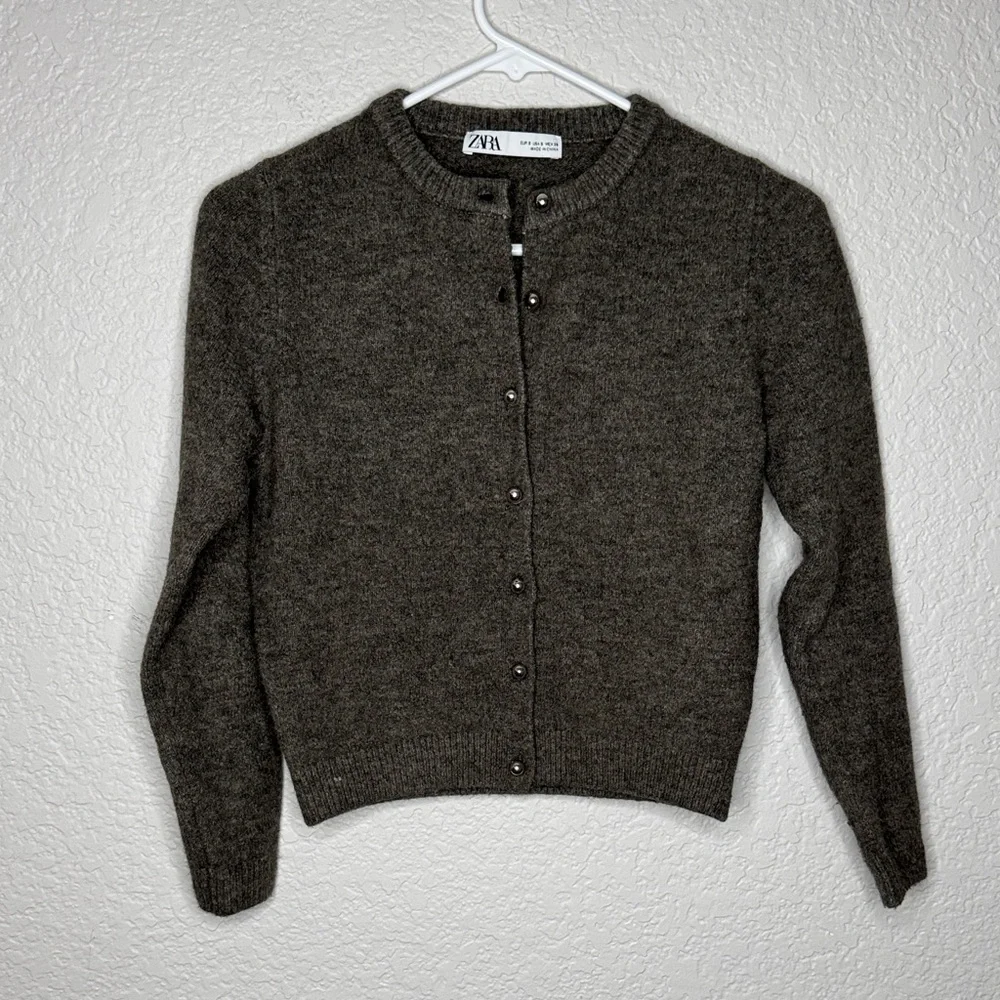 Zara Cardigan Metallic Buttons Grey Brown Size Small - Picture 2 of 8